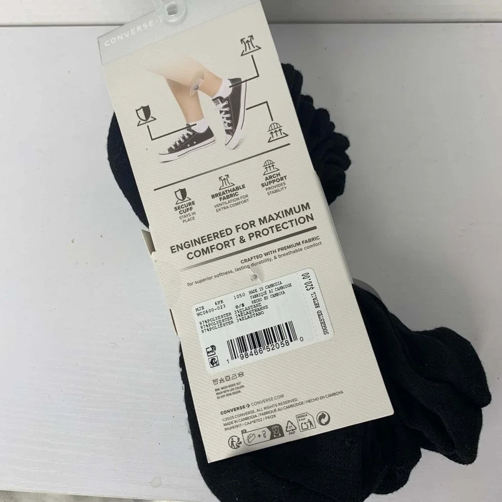 Women's Converse No Show Socks Black 6 Pack Brand New